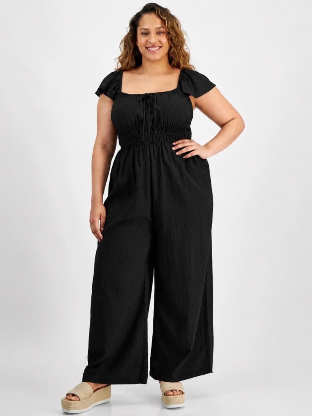 NWT And Now This Black Smocked Wide-Leg Jumpsuit Flutter Sleeve 1X